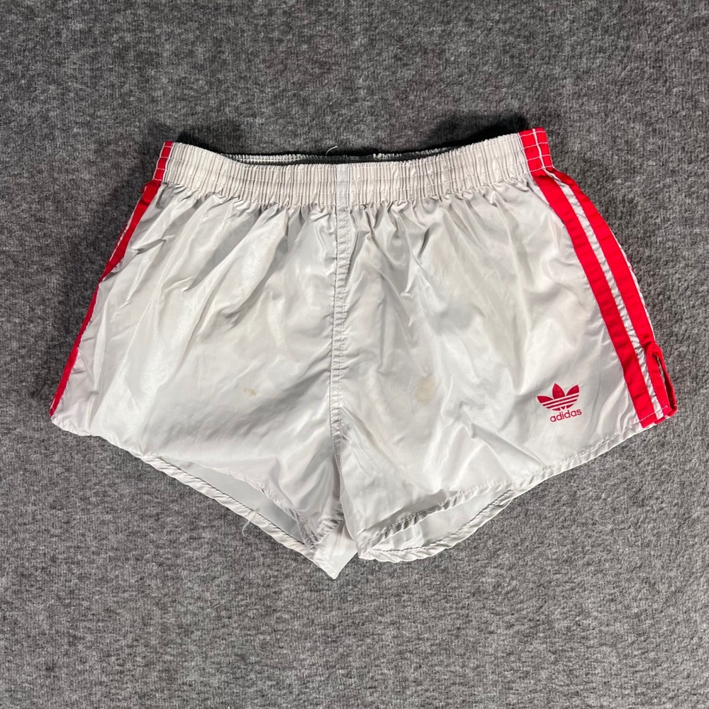 Vintage 80s Adidas Trefoil Sprinter Running Shorts Silver Red Made in USA Medium